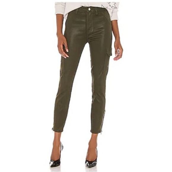 7 For All Mankind Skinny Jeans 30 Army Green Waxed Coated High Rise Ankle Zip - Picture 1 of 12